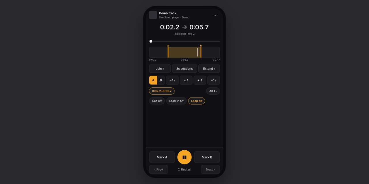 By Ear on a phone looping a 3.5 second section of a track, with A and B markers on the timeline