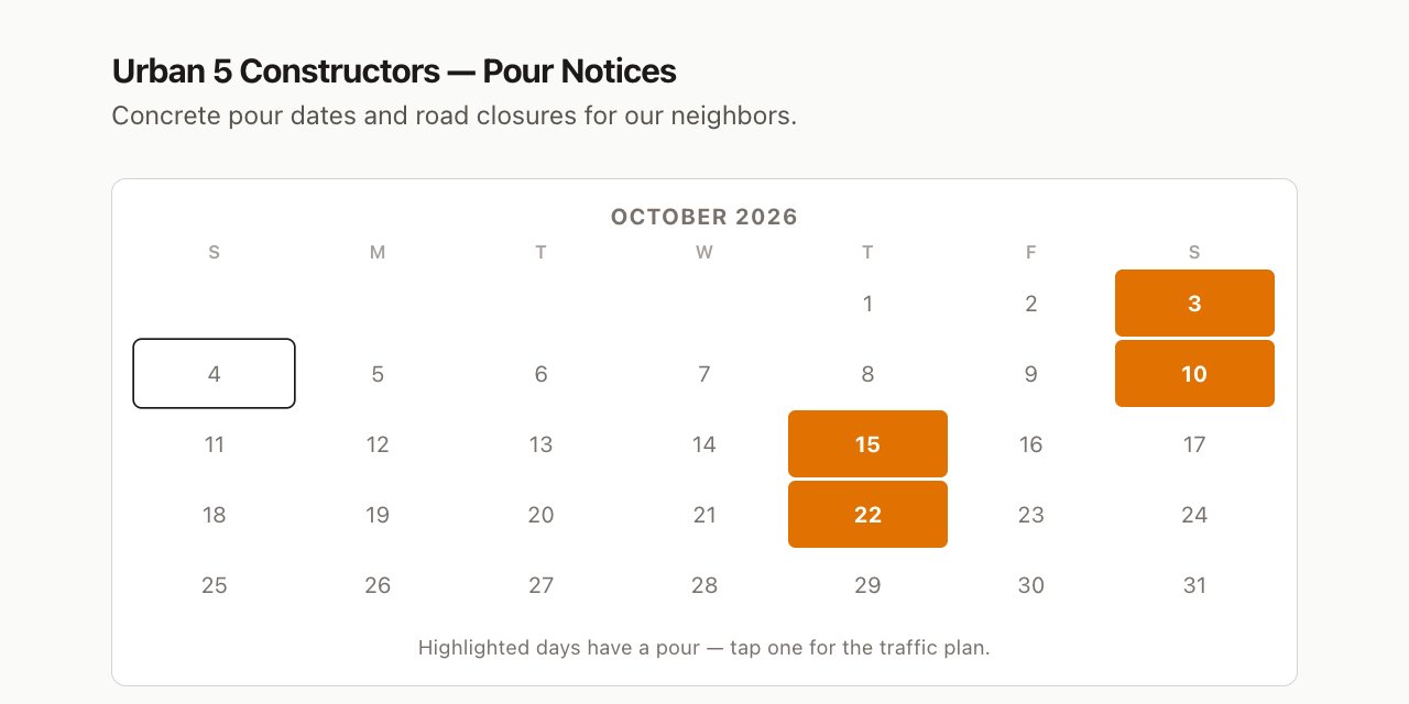 Urban 5 Pour Notices: an October calendar with the pour days highlighted in orange